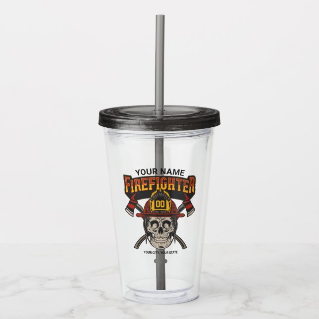 Vaso Acrílico Casco de bombero personalizado con hacha y cráneo  (Anverso)