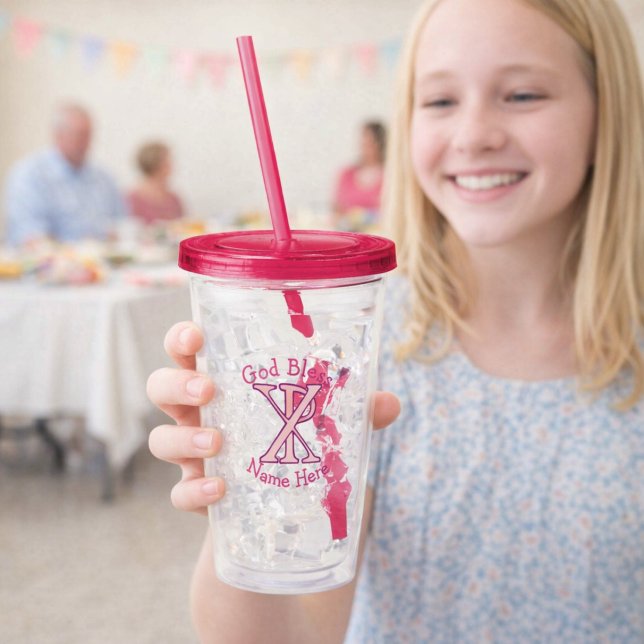 Vaso Acrílico Chi Ro Christian Cross Pink Personalized (Personalized acrylic tumbler with pink Christian ChiRo Cross. Above reads GOD BLESS. Below, name.)