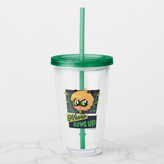 Vaso Acrílico Chibi Cat Noir Nunca se rinde (Anverso)