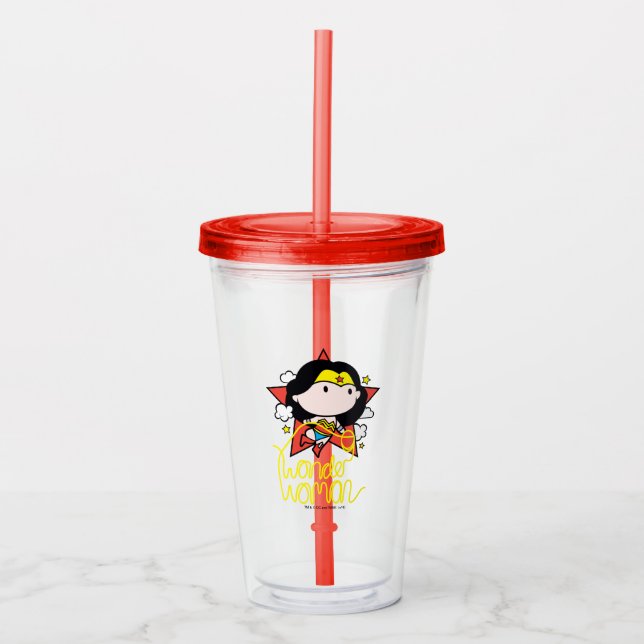 Vaso Acrílico Chibi WonWoman Volando Con Lasso (Anverso)