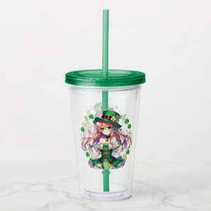 Vaso Acrílico Chica de anime del trébol del Día de San Patricio