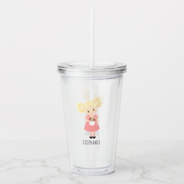 Vaso Acrílico Chica de cumpleaños rubia y cachorro (Anverso)
