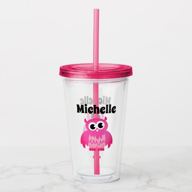 Vaso Acrílico Chica de nombre personalizado de búho rosado lindo (Anverso)