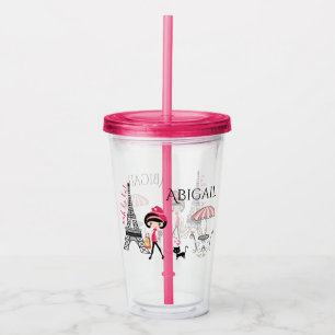 Vaso Acrílico Chica personalizado y Cat Eiffel Tower París