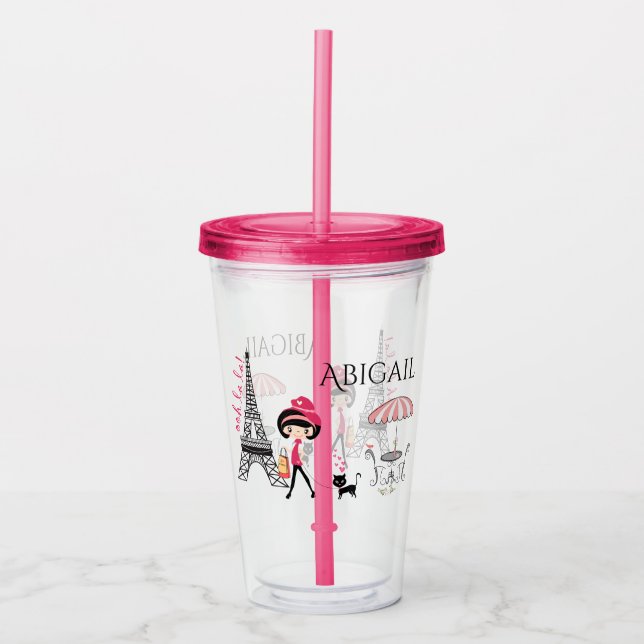 Vaso Acrílico Chica personalizado y Cat Eiffel Tower París (Anverso)