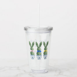 Vaso Acrílico Chinoiserie Azul y Blanco con Topiarias de Conejo