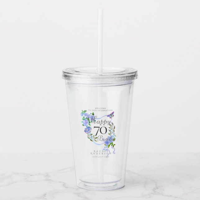 Vaso Acrílico Cinta de Rosa Azul Cumpleaños 70 (Anverso)