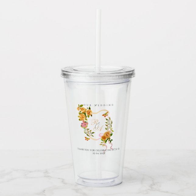 Vaso Acrílico Cinta de Rosa de Oro Monograma Boda  (Anverso)