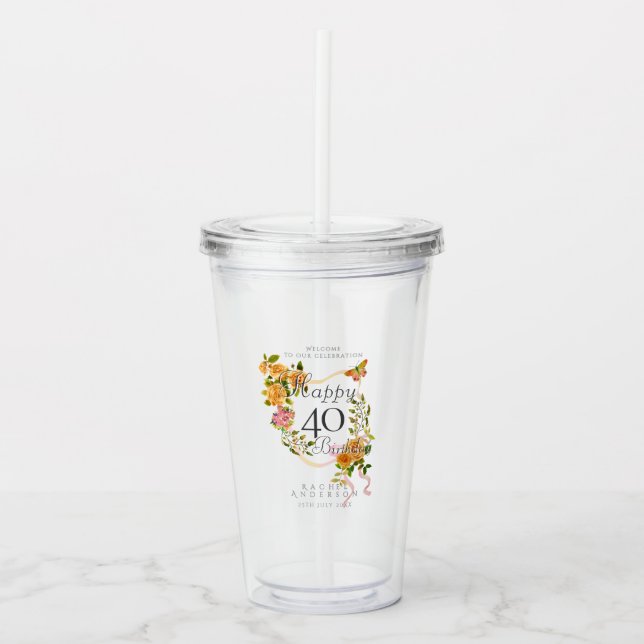 Vaso Acrílico Cinta de Rosa Dorada Cumpleaños 40 (Anverso)