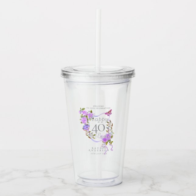 Vaso Acrílico Cinta de Rosa Púrpura Cumpleaños 40 (Anverso)