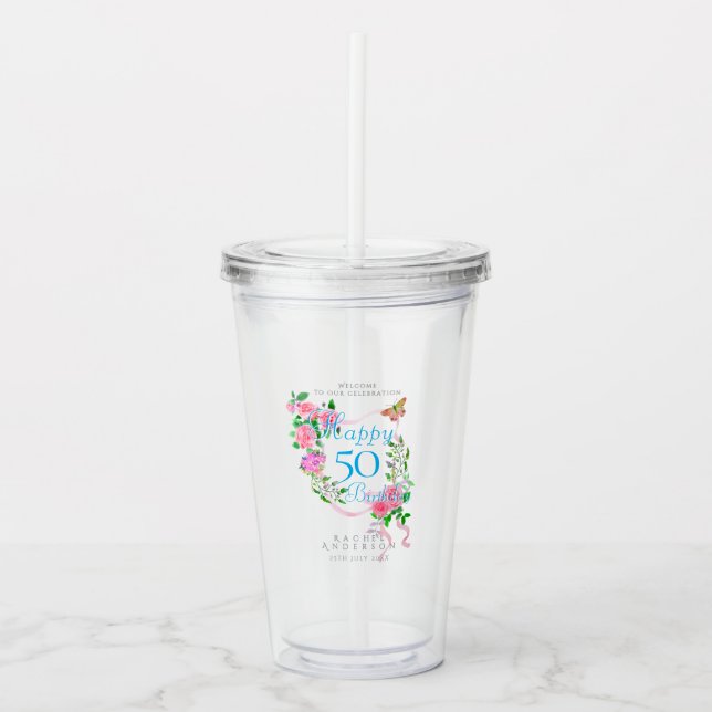 Vaso Acrílico Cinta de Rosa Rosa Cumpleaños 50 (Anverso)