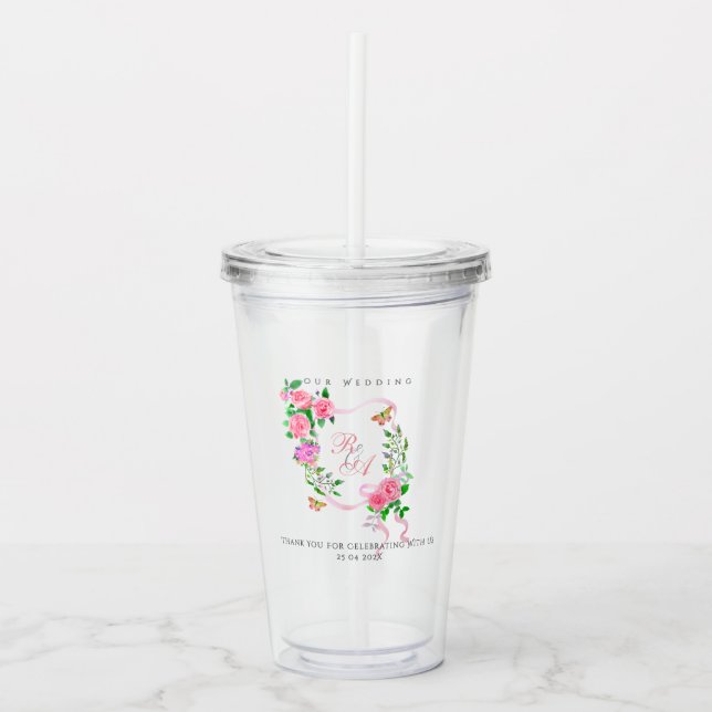 Vaso Acrílico Cinta de Rosa Rosa Monograma Boda  (Anverso)