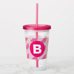 Vaso Acrílico Círculo de monograma con patrón de sandía rosa