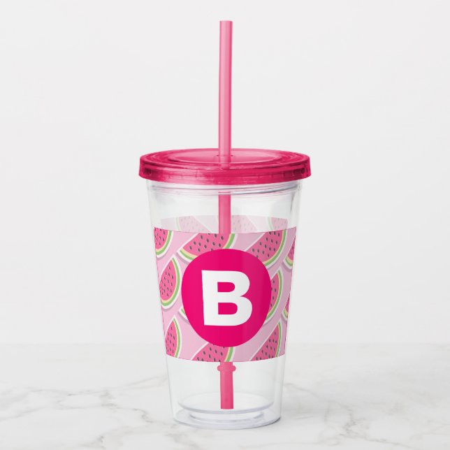 Vaso Acrílico Círculo de monograma con patrón de sandía rosa (Anverso)