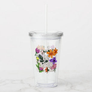 Vaso Acrílico Cita positiva Be Happy y flores de jardín