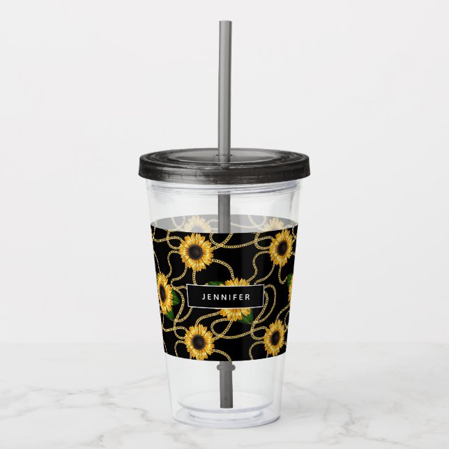 Vaso Acrílico Clásico amarillo girasol elegante patrón en negro (Anverso)