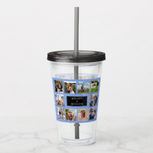 Vaso Acrílico Collage de fotos Boda rayado azul y blanco