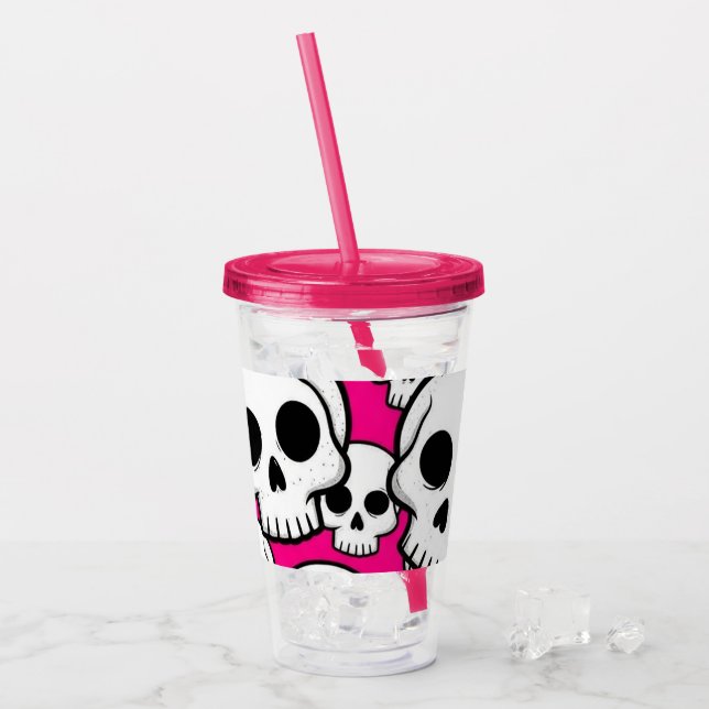 Vaso Acrílico con Patrón de Calavera Rosa (Anverso (hielo))