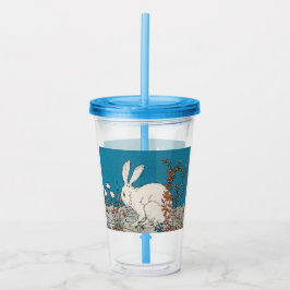 Vaso Acrílico Conejo Blanco Fluffy Sentado Entre Flores Azul