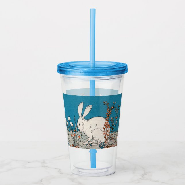 Vaso Acrílico Conejo Blanco Fluffy Sentado Entre Flores Azul (Anverso)