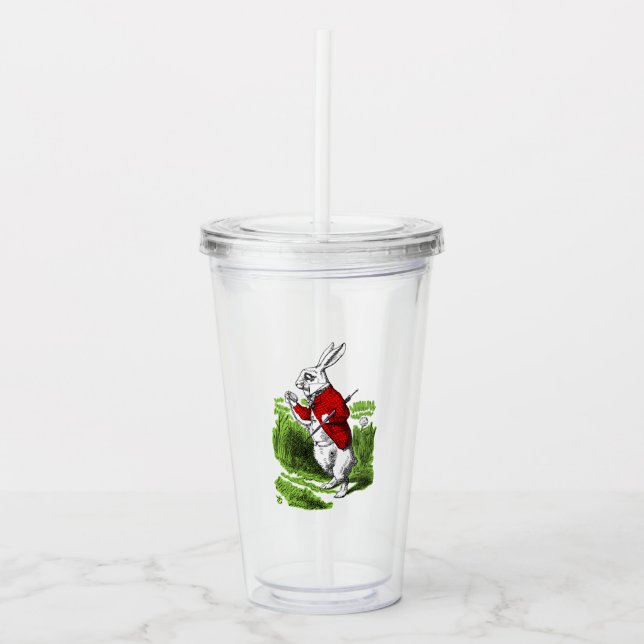Vaso Acrílico Conejo Blanco mirando el reloj. Ilustración (Anverso)