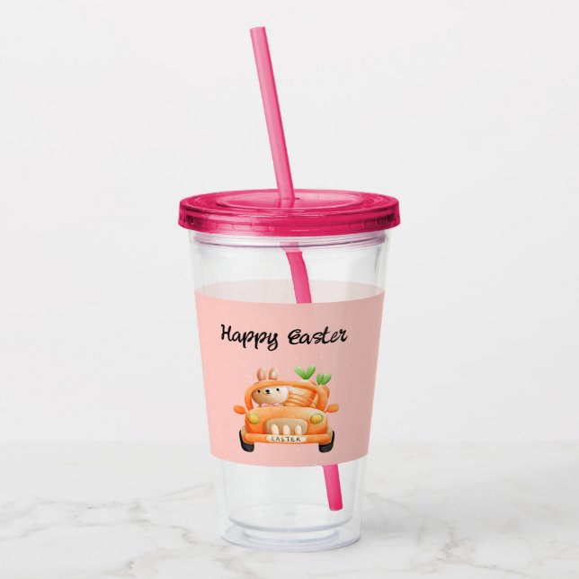Vaso Acrílico Conejo de chofer Feliz Pascua en rosa (Izquierda)