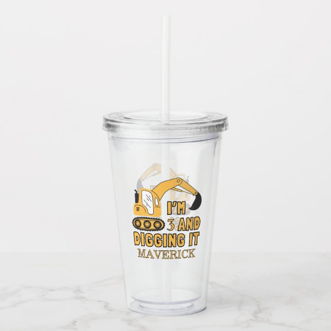 Vaso Acrílico Construcción Niños amarillos Dump Camión Cumpleaño (Anverso)