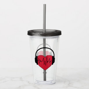 Vaso Acrílico corazón en audífonos, música de amor.