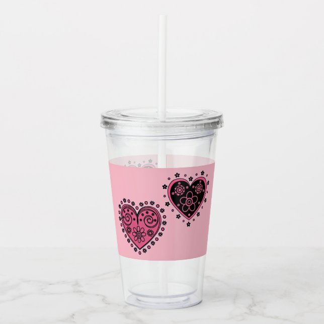 Vaso Acrílico Corazones de flores rosadas (Anverso)