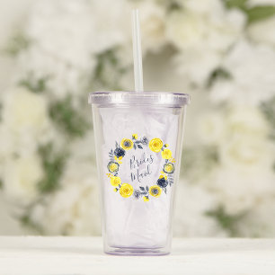 Vaso Acrílico Corona floral gris amarillo acuarela Boda