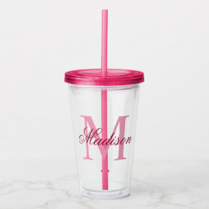 Vaso Acrílico Crear su nombre de monograma personalizado rosado