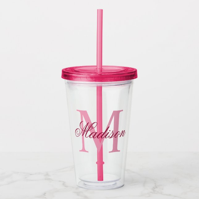 Vaso Acrílico Crear su nombre de monograma personalizado rosado (Anverso)