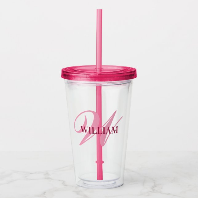 Vaso Acrílico Crear su nombre de monograma personalizado rosado (Anverso)