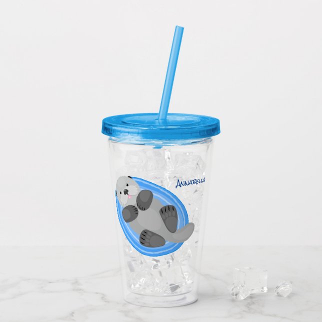Vaso Acrílico Cuidada y feliz nutria azul personalizado ilustrac (Reverso (hielo))