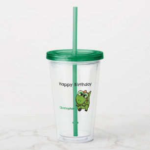 Vaso Acrílico Cumpleaños azul dinosaurios verdes lindos personal