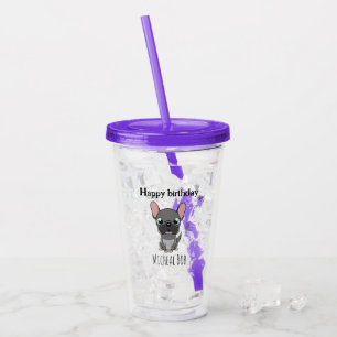 Vaso Acrílico Cumpleaños feliz pug gris lindo perro púrpura