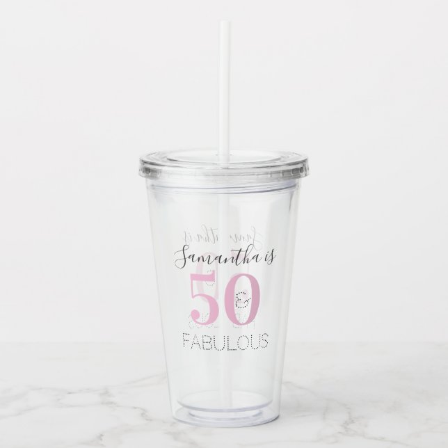 Vaso Acrílico Cumpleaños personalizado, rosa moderno 50 y fabulo (Anverso)