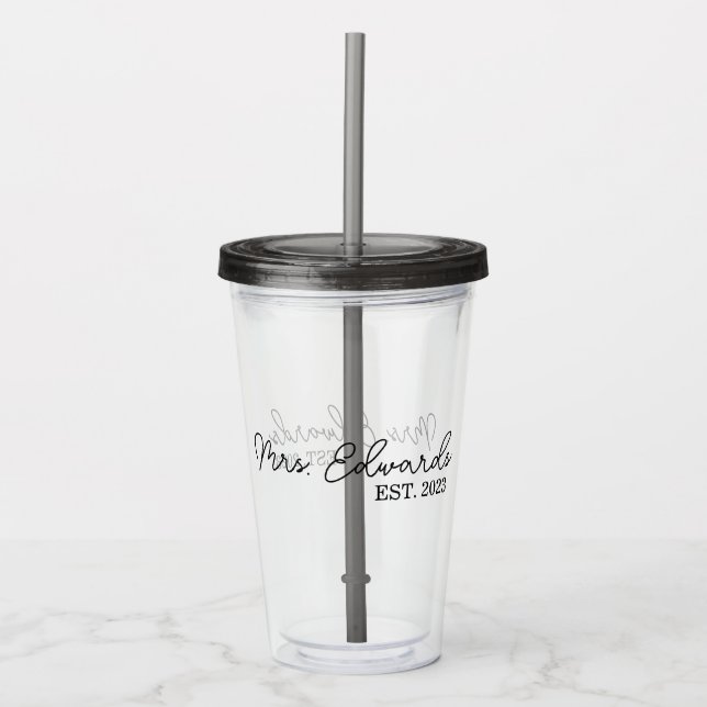 Vaso Acrílico Cursiva mínima Sra. Personalizado Apellido Boda Re (Anverso)