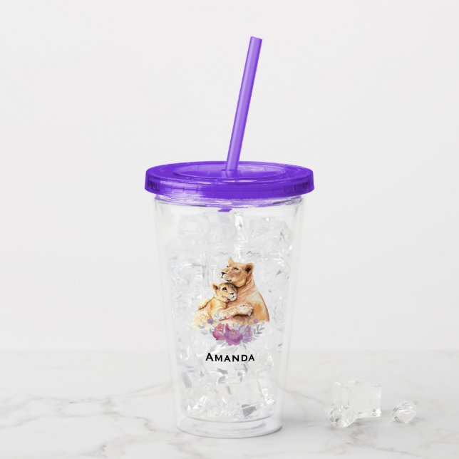 Vaso Acrílico Cute acuarela Madre León y Tumbler Acrílico Cubo (Reverso (hielo))