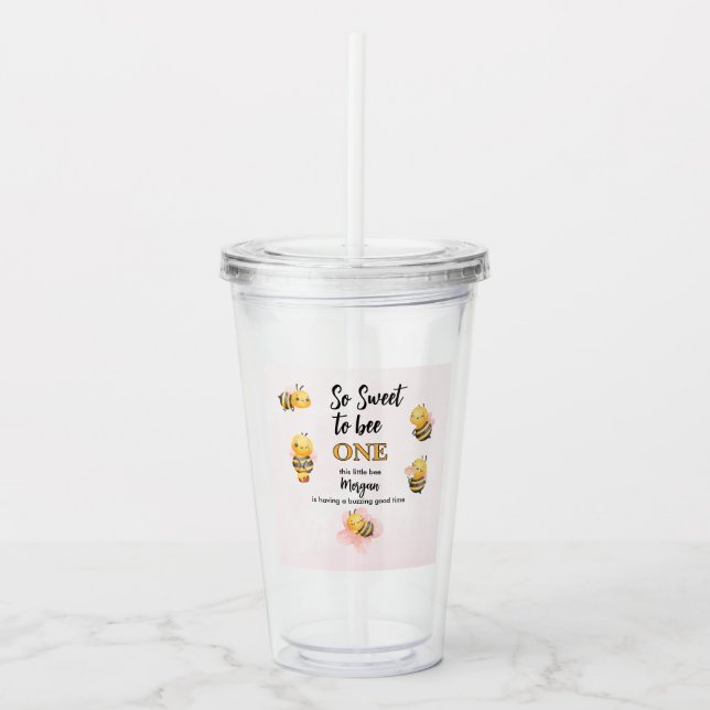 Vaso Acrílico Cute Bee One Pink Black First Birday Party (Anverso)