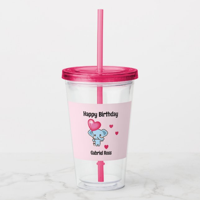 Vaso Acrílico Cute elephant pink birthday (Anverso)