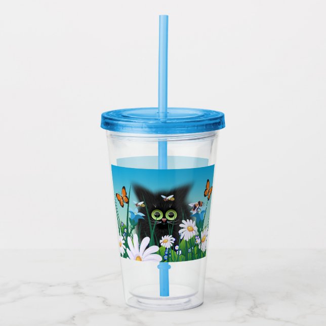 Vaso Acrílico Cute Fluffy Black Kitten y Daisies Art (Anverso)
