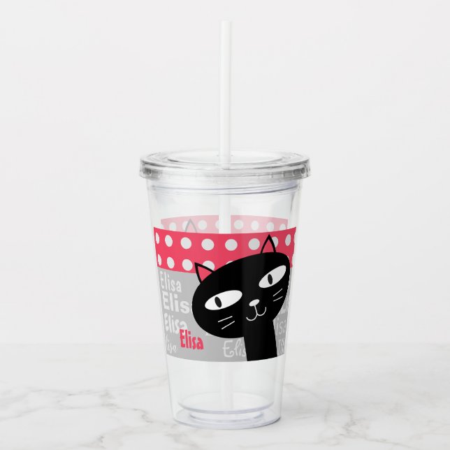 Vaso Acrílico Cute gato negro rosado puntos de polka agregar tu  (Anverso)