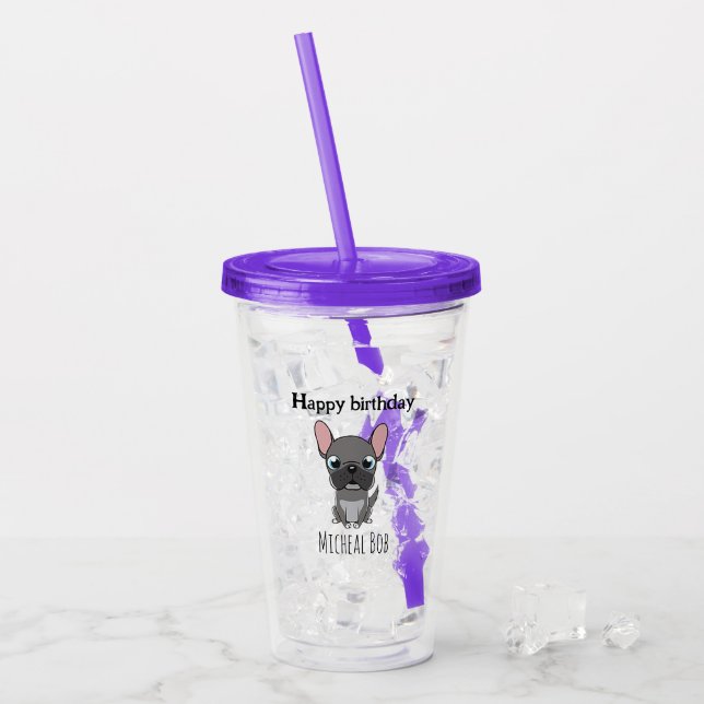 Vaso Acrílico Cute happy birthday gray pug dog purple (Anverso (hielo))
