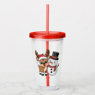 Vaso Acrílico Cute Holiday Reindeer & Snowman