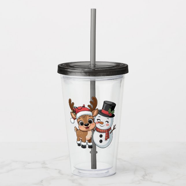Vaso Acrílico Cute Holiday Reindeer & Snowman (Anverso)