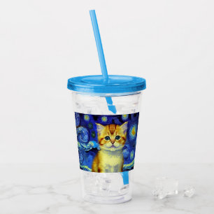 Vaso Acrílico Cute Kitten Starry Night Van Gogh