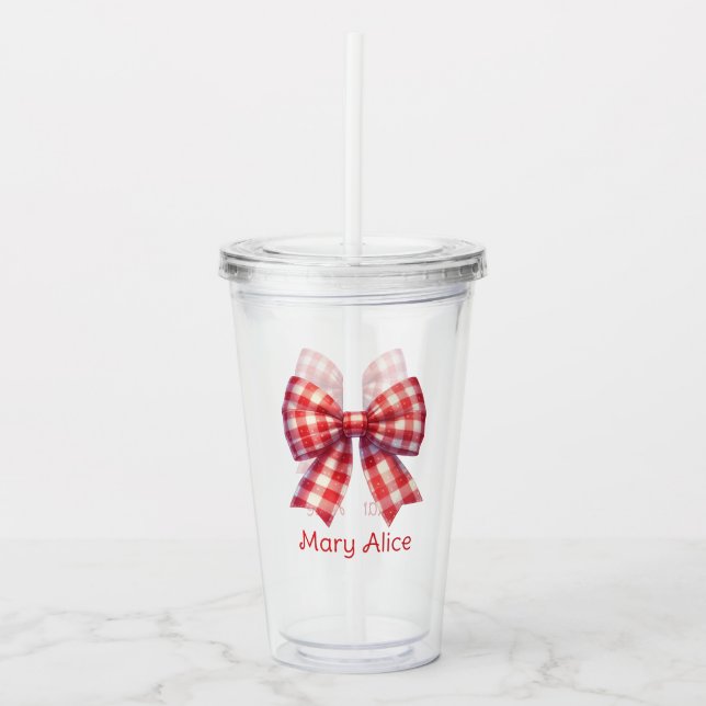 Vaso Acrílico Cute Red and Cream Gingham Bow (Anverso)