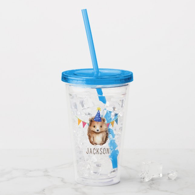 Vaso Acrílico Cuto cumpleaños Hedgehog, nombre personalizado (Anverso (hielo))