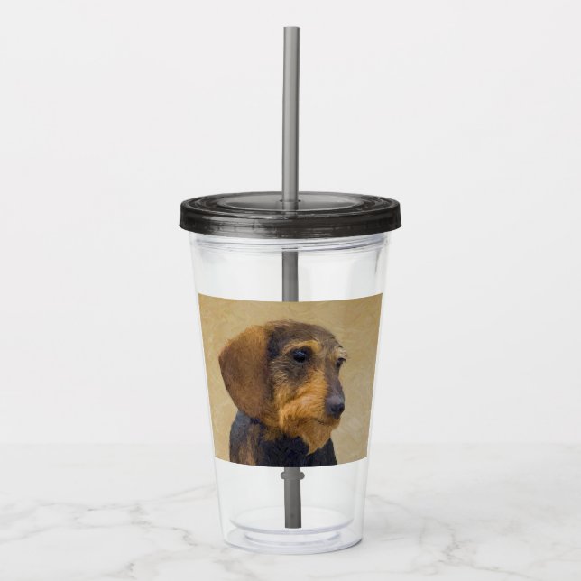 Vaso Acrílico Dachshund (Cabezal alambrada) Pintura original de  (Anverso)